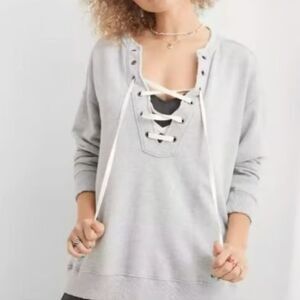 Aerie Gray Lace Up Oversized Sweatshirt Size Small Loungewear